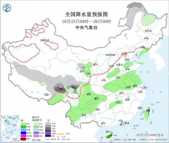 全国降水量预报图(10月25日8时-26日8时)